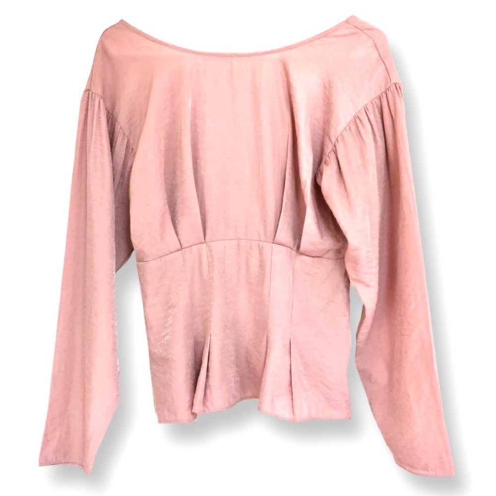 Cream Pink Color Deep V-Neck Long Sleeve Blouse with Side Zi… - Picture 2 of 6